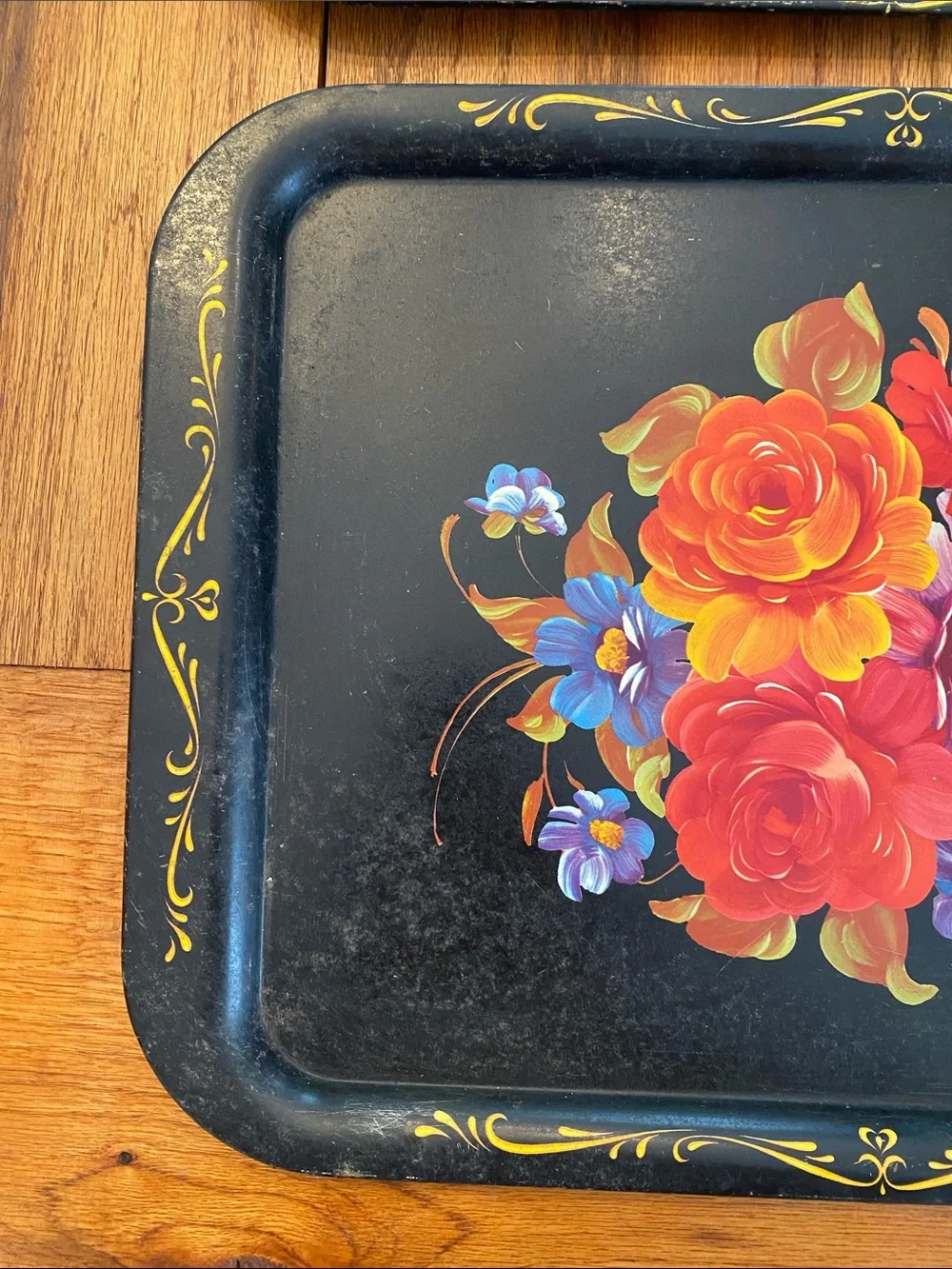 Black Vintage Floral Metal Serving Trays - Set of 2
